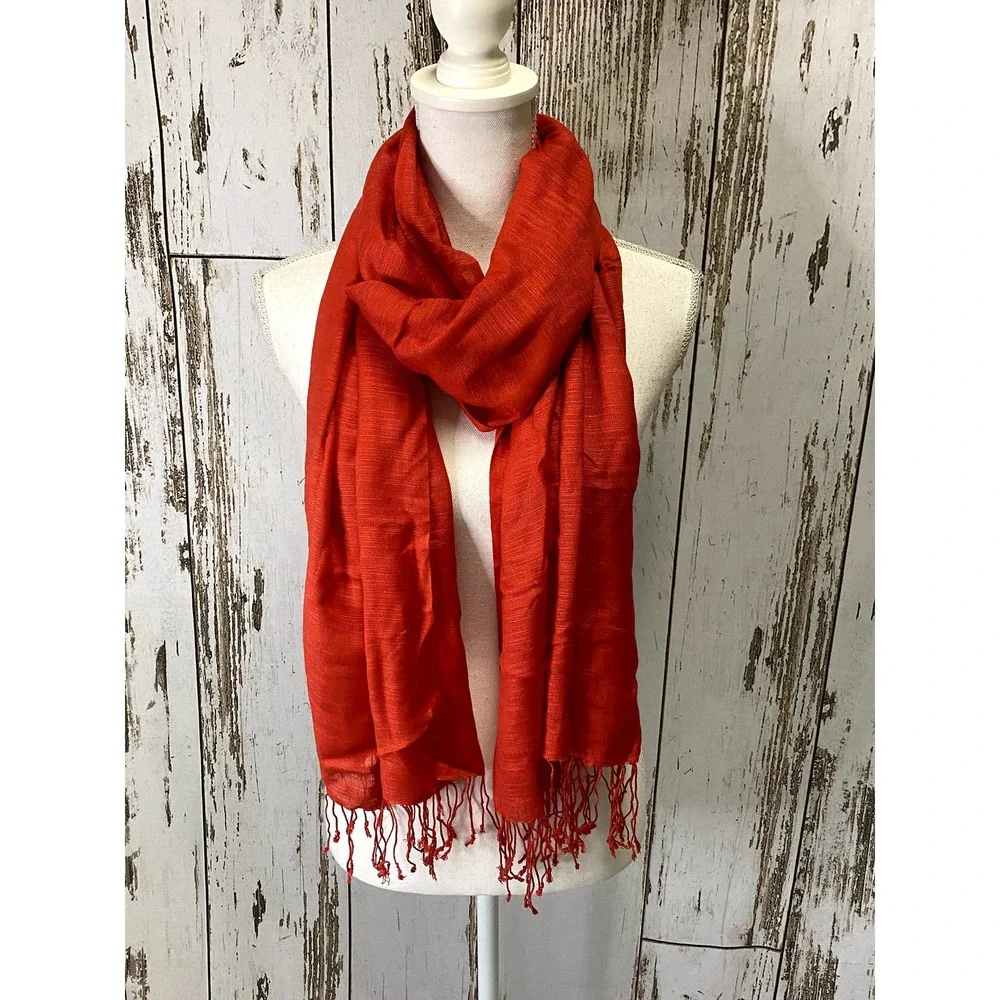 Red Scarf With A Fringed Hem